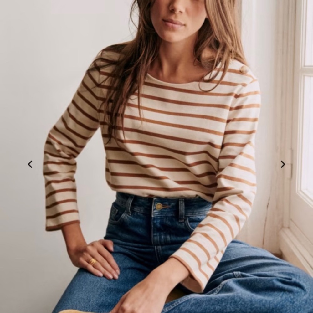 Sezane Cream and Brown Striped Long Sleeve Top